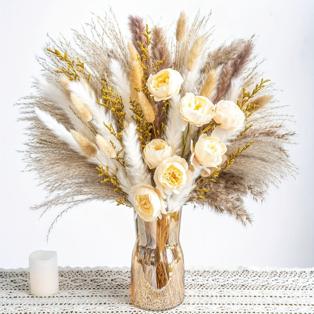 Dried Flower Bouquet Pampas Grass with Artificial White Beige Roses 51 91pcs Boho Dried Floral Arrangement for Wedding Centerpiece Farmhouse Home Table Decor Rustic Vase Filler No Maintenance