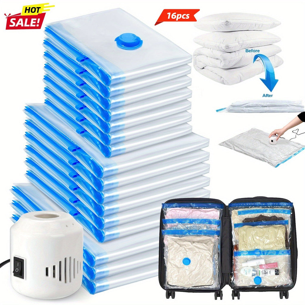 Vacuum Storage Bags 16pcs with Electric Pump ¨C Space Saver Compression Bags for Clothes, Bedding, Pillows, Quilts, Blankets, Travel & Luggage (7 Small, 6 Medium, 3 Large)
