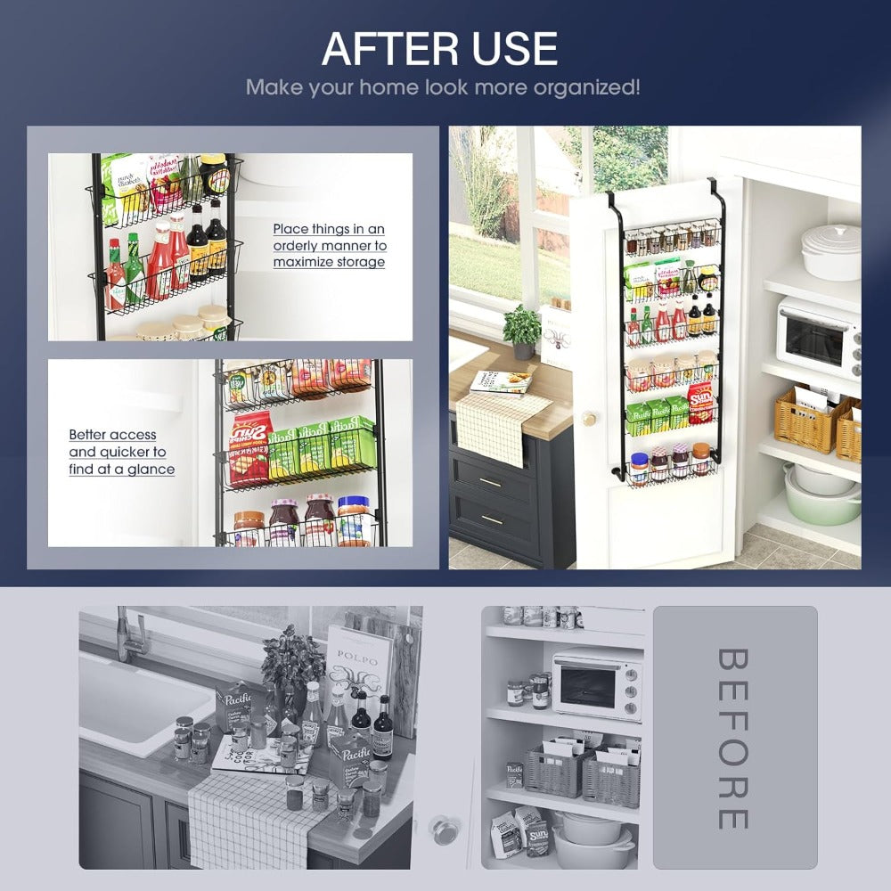 Over the Door Pantry Organizer 6-Tier & 8-Tier Metal Hanging Spice Rack | Back of Door Storage for Kitchen Pantry Laundry Bathroom | Versatile Door Mounted Seasoning Rack in Black & White