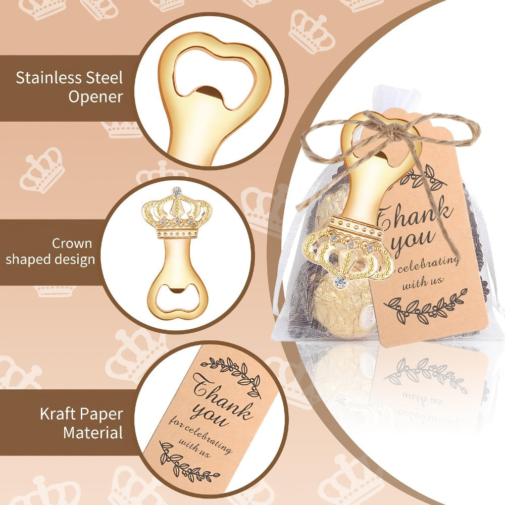Crown Bottle Opener Wedding Favors 10 Sets 31pcs - Rose Gold Party Gift for Guests with Organza Bag Thank You Tag Twine for Bridal Shower Birthday Baby Shower Bar Kitchen