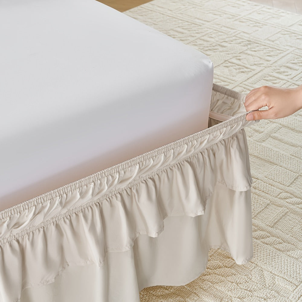 Double Ruffle Bed Skirt 16¡± Drop | Elastic Wrap Around Dust Ruffle for Twin Full Queen King Bed | Easy Install Machine Washable Soft Linen Poly Blend Bedskirt