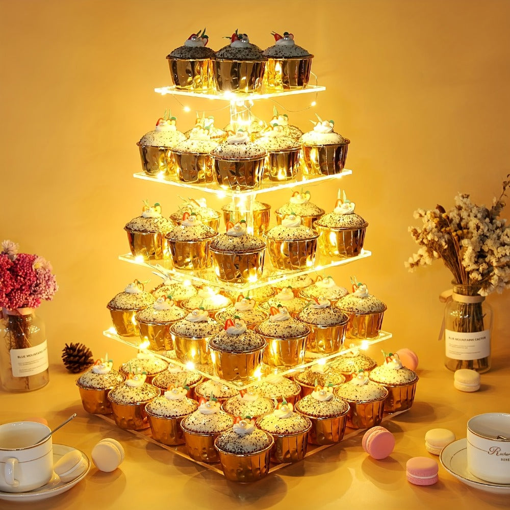 5-Tier Acrylic Cupcake Stand with LED String Lights ¨C Square Dessert Display Tower for 60 Cupcakes Birthday Wedding Baby Shower Tea Party Elegant Transparent Cake Display Rack Easy to Assemble