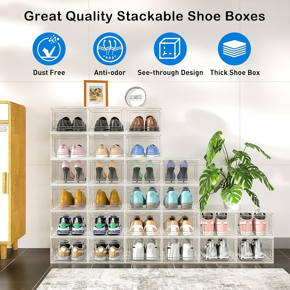 Clear Stackable Shoe Storage Boxes 6/12 Pack XX Large Hard Plastic Organizer for Size 12 Sneakers Closet White