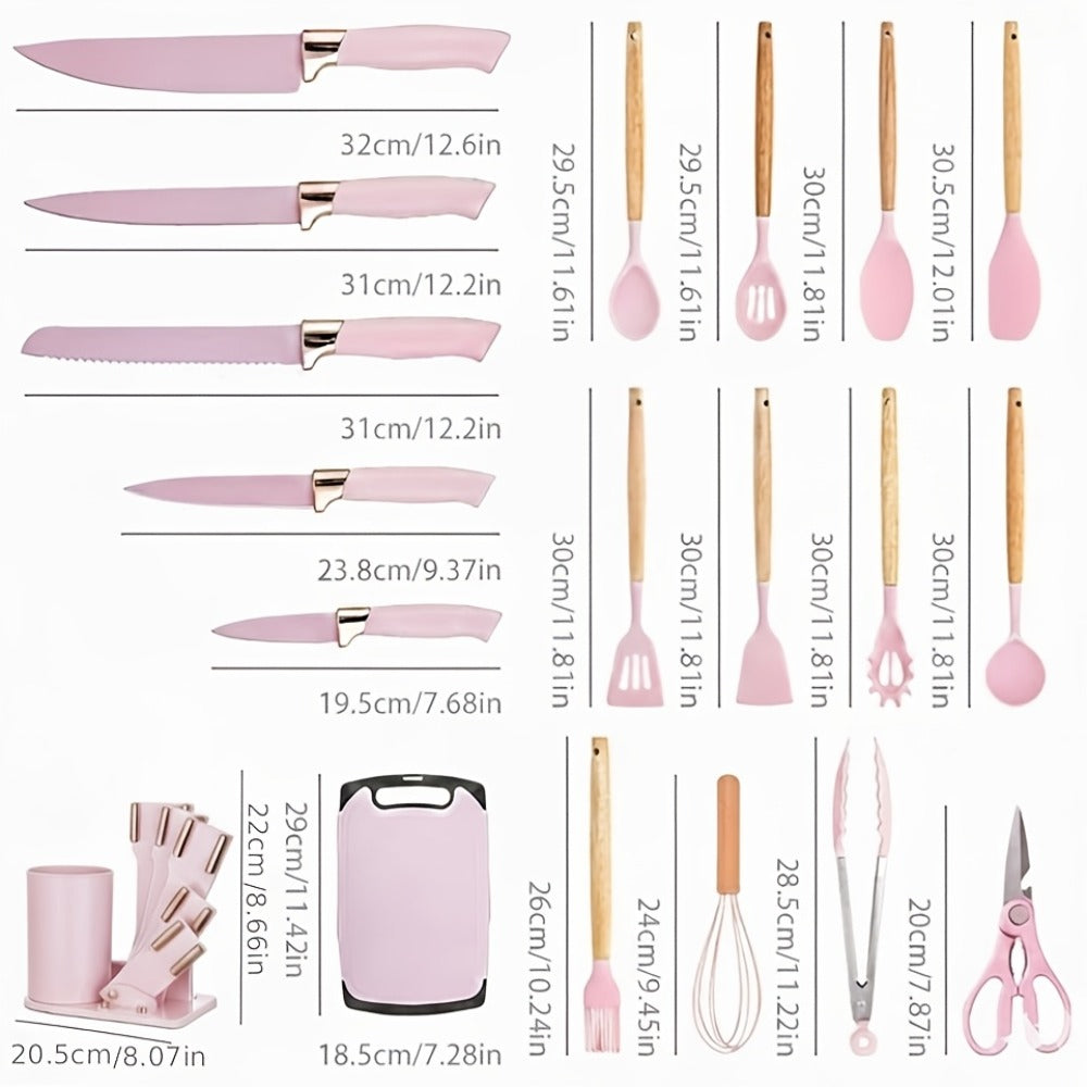 19-Piece Kitchen Knife & Utensil Set with Wooden Handles, Non-Stick Blades, Silicone Cooking Tools, Cutting Board, Scissors & Holder
