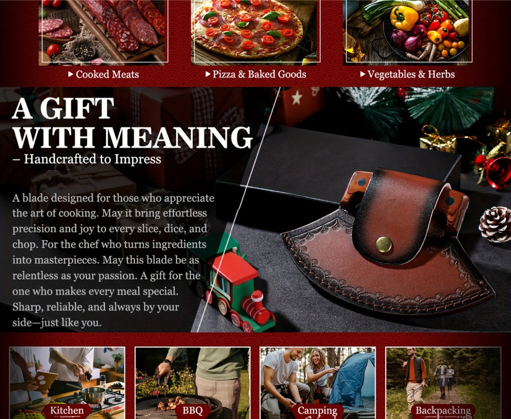 Hand-Forged Ulu Knife Rocker Blade High Carbon Steel Full Tang Rosewood Handle with Leather Sheath & Gift Box, Mezzaluna Chopping Knife for Kitchen Camping BBQ, Chef Gift for Men