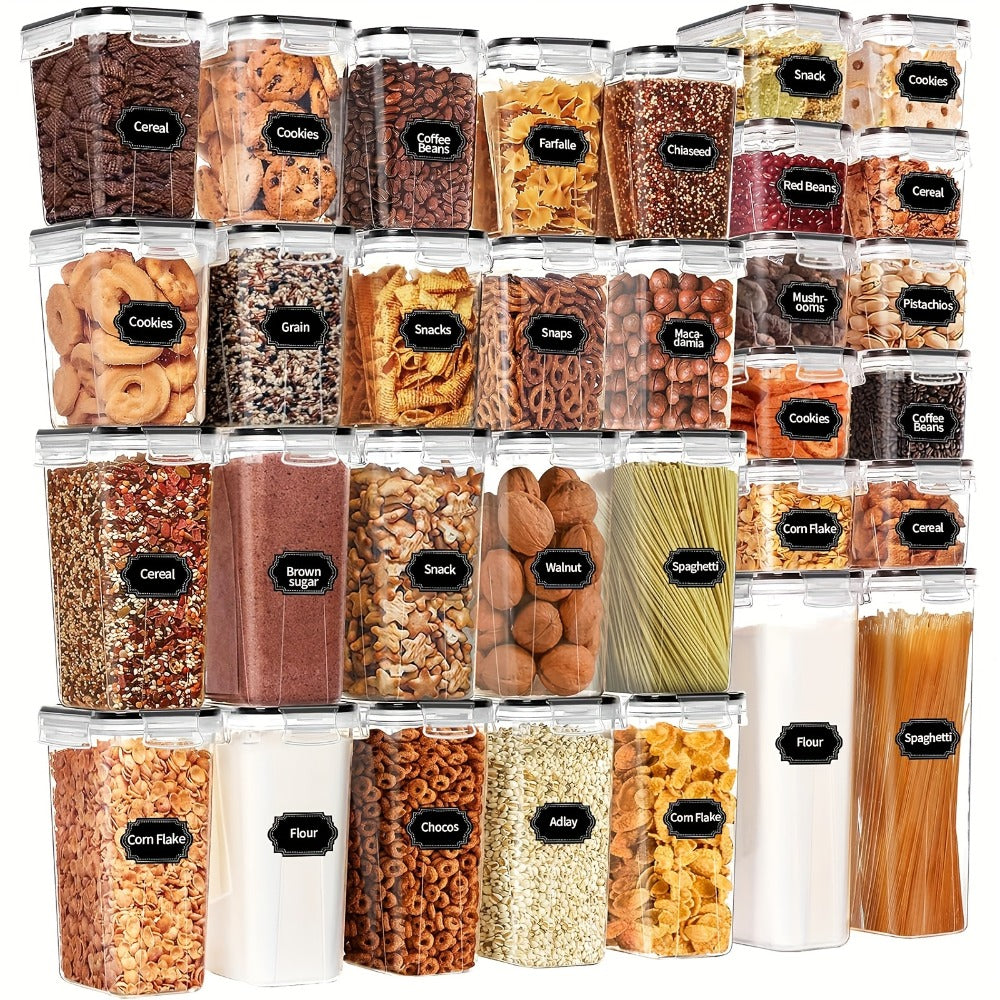 Airtight Food Storage Containers 64 Piece Set - BPA-Free Plastic Canisters with Lids for Pantry Kitchen Organization, Dishwasher Safe, Perfect for Storing Flour Sugar Cereal Dry Goods and Snacks, Includes Reusable Labels and Marker, 32 Boxes and 32 Lids