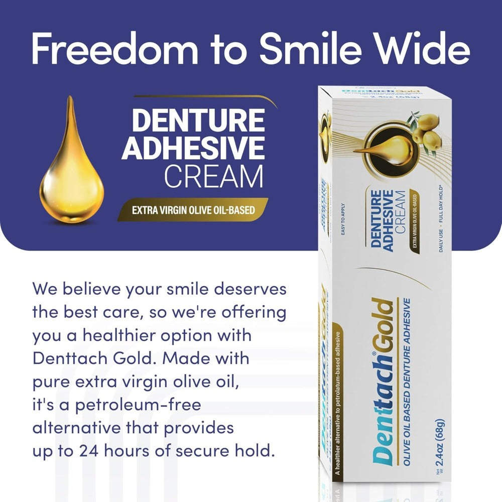 Denture Adhesive Cream ¨C Olive Oil-Based All-Day Secure Hold for Full & Partial Dentures, Zinc-Free Petroleum-Free Non-Glue Cushion Soft Reliner, Tightens Loose Dentures, 2.4oz Natural Formula