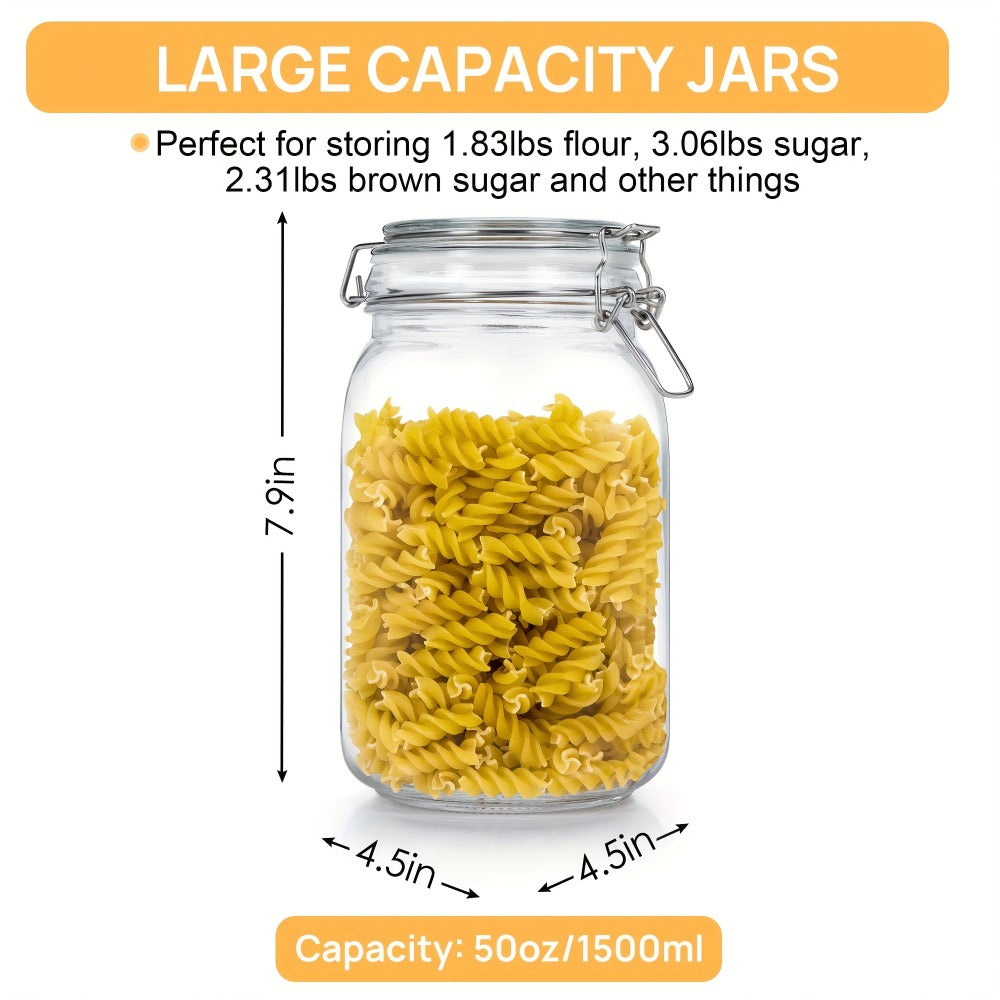 Airtight Glass Storage Jars with Lids 3-Pack 50 OZ, Square Food Canisters for Kitchen Pantry Organization, Mason Jar Containers for Sugar Flour Cereal Coffee