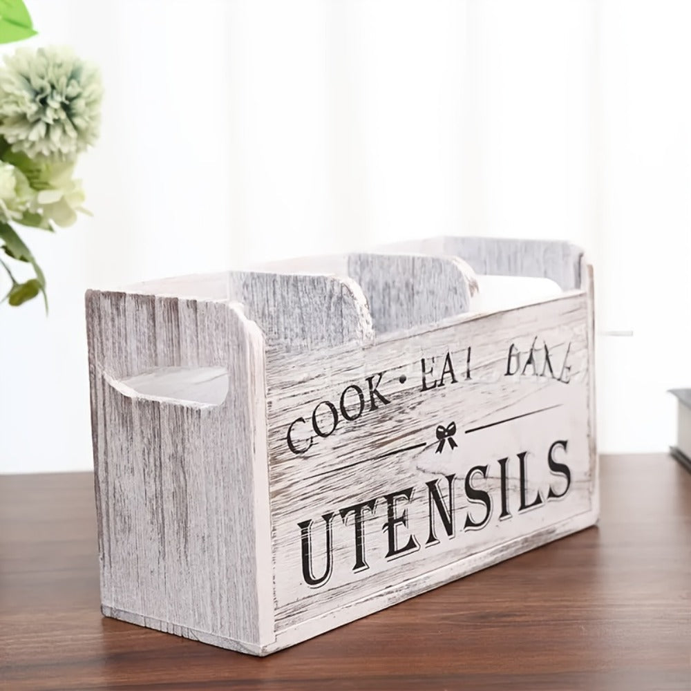 Wooden Kitchen Utensil Holder 3 Compartment Countertop Organizer, Rustic Wood Kitchen Tool Storage Box Wall Mounted or Countertop, Country Style Kitchen Accessories for Cook Bake Eat Tools