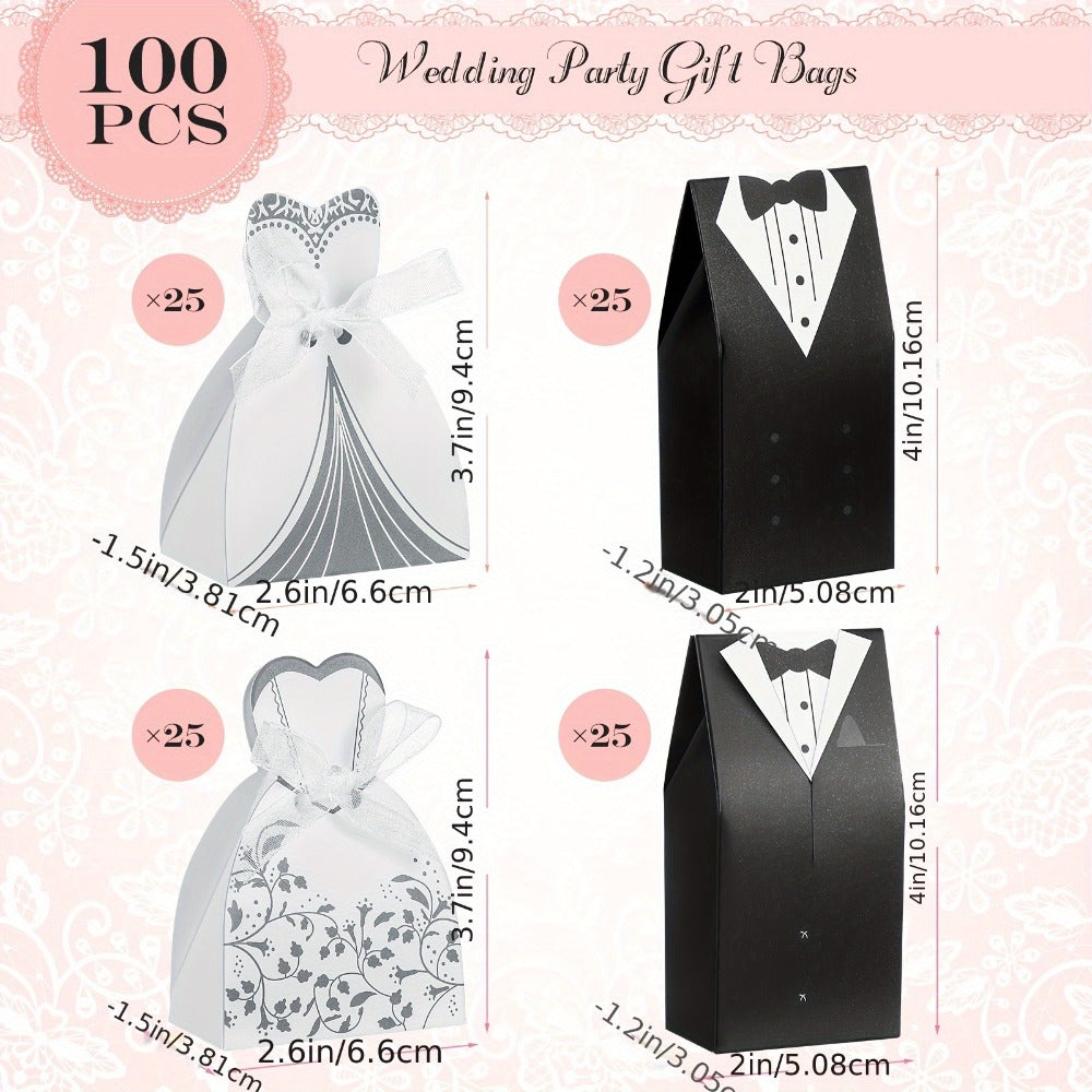 100 Pcs Wedding Party Favor Boxes Dress & Tuxedo Candy Gift Boxes with Ribbon ¨C Vintage Bridal Shower Birthday Treat Bags Bulk Decoration