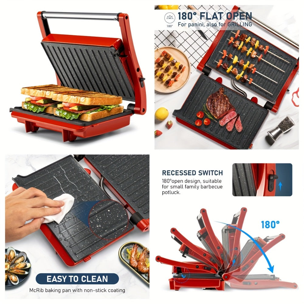 Panini Press Grill 3-in-1 Electric Indoor Grill with Non-Stick Plates - 180¡ã Flat Grill Sandwich Maker with Floating Hinge Grease Tray Temperature Control, Compact Countertop Grill for Home Dorm Office