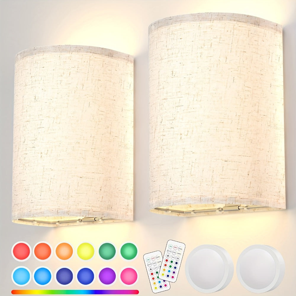 Rechargeable Wall Sconce Set of 2 ¨C Wireless Fabric Shade Wall Light with Remote Control, Magnetic Puck Light, Dimmable CCT or RGB Color, No Wiring for Bedroom Living Room Hallway Decor