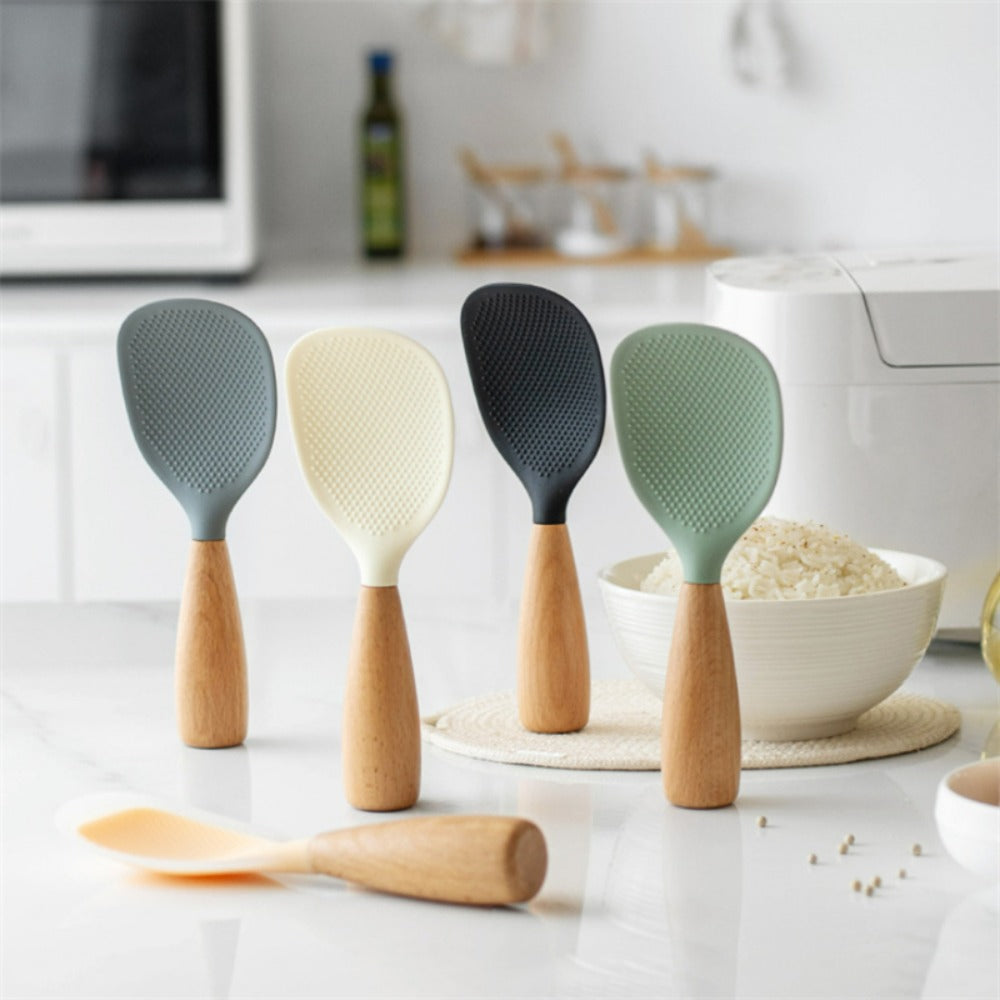 Silicone Rice Spatula Serving Spoon 2 Pack Wooden Handle Heat Resistant Durable Standing Spoon for Nonstick Pans Rice Cookers Grains Potato Server Kitchen Utensil Orange