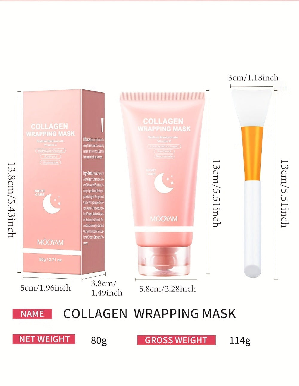 Collagen Night Mask Korean Skincare ¨C Gel Face Mask with Applicator Brush, Hydrolyzed Collagen, Niacinamide, Vitamin C & Hyaluronate for Hydration & Plumping, Paraben-Free, 80g (MOOYAM)