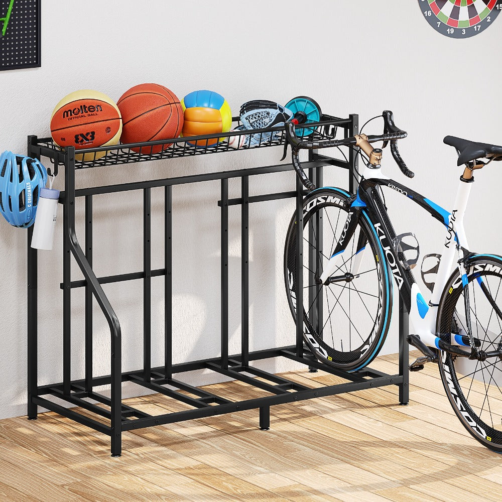 Freestanding Bike Storage Stand with Basket & Hooks ¨C Adjustable Floor Rack for 3-4 Bikes, Indoor Outdoor Garage Organizer