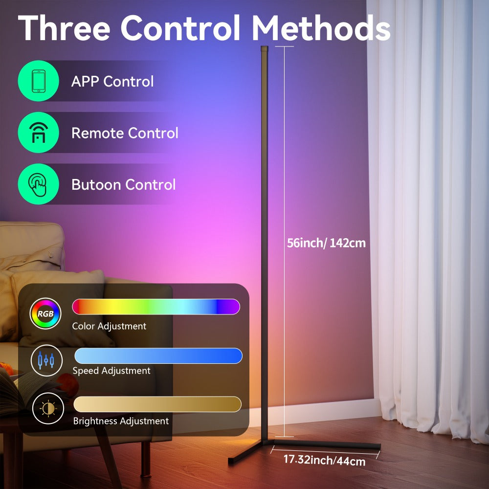 RGB Corner Floor Lamp 16 Million Color Changing LED Smart Light - 56 Inch Adjustable Height, APP & Remote Control, Music Sync, USB Powered Modern Standing Lamp for Game Room Living Room Bedroom Party Decor