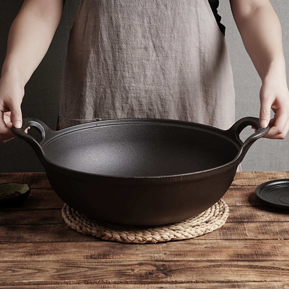 Cast Iron Wok Skillet Non-Stick Deep Stir Fry Pan with Dual Handles - Heavy Duty Uncoated Traditional Cooking Pot Multi-Size 9.84 10.62 11.81 12.59 Inch for Home Outdoor Grilling Baking