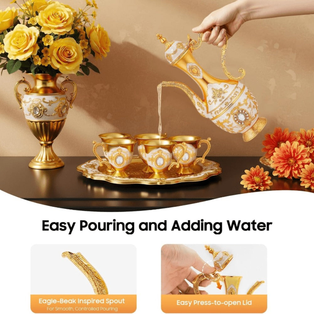 Vintage Turkish Coffee Tea Set ¨C Zinc Alloy Teapot, 6 Cups & Tray | European Style Luxury Gift Set for Tea, Coffee & Cappuccino