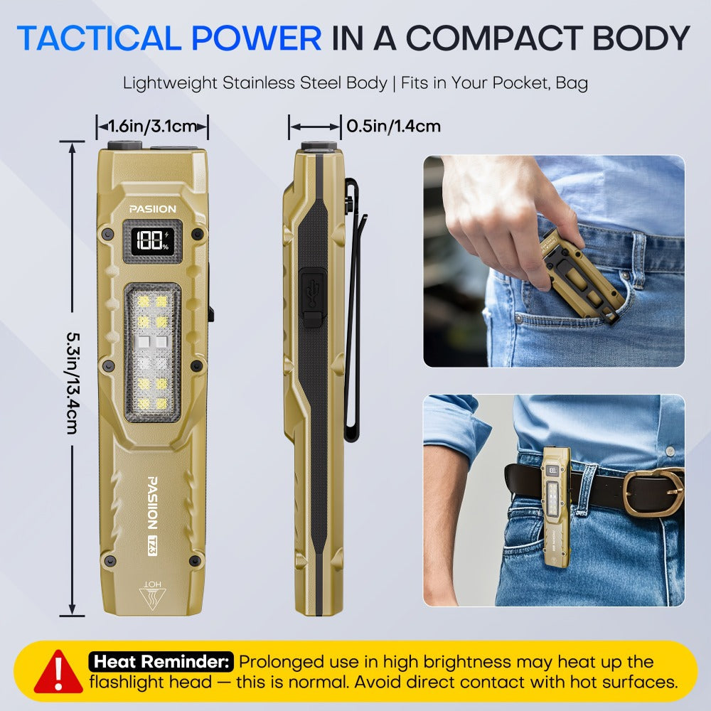 EDC Tactical Flashlight 1500 Lumen USB Rechargeable | Flat Slim Pocket Flashlight High CRI 5 Modes Red Warning Light | Camping Emergency Outdoor Work Gift for Men