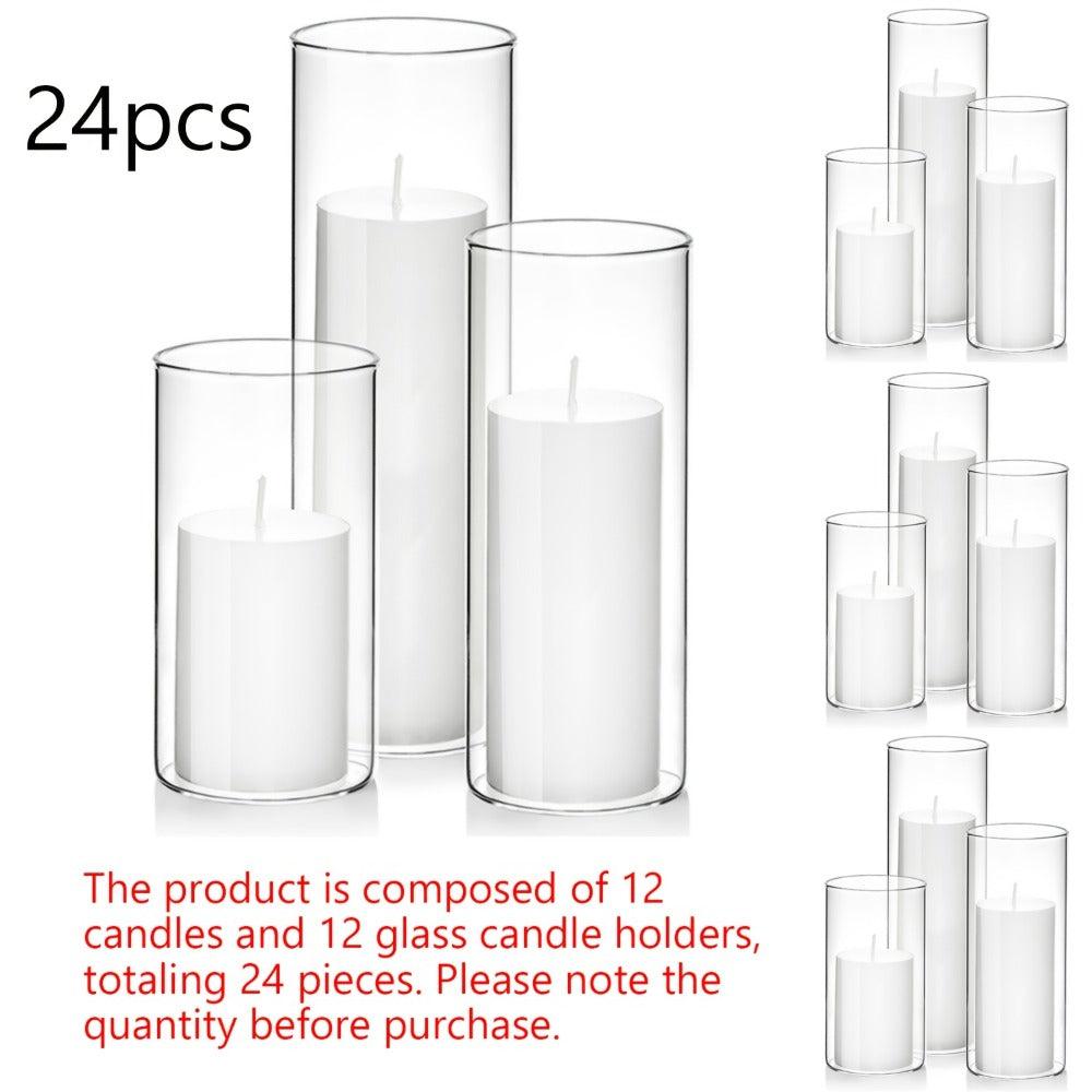 Pillar Candles with Clear Glass Hurricane Holders ¨C Unscented White Cylinder Candles & Vases for Wedding Centerpieces, Party Tables, Home & Office Decor, Bulk Set 24 or 48 Pieces