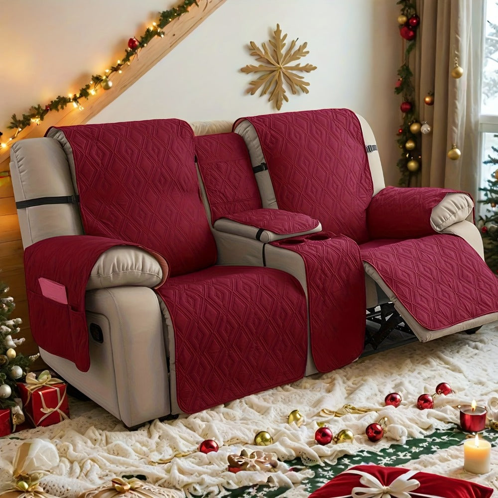 Recliner Loveseat Cover 4 Piece Set Waterproof Split Dual Recliner Sofa Slipcover with Center Console Cover & Straps - Pet Friendly Furniture Protector, Knit Polyester, 8 Colors, Black Grey Beige Navy