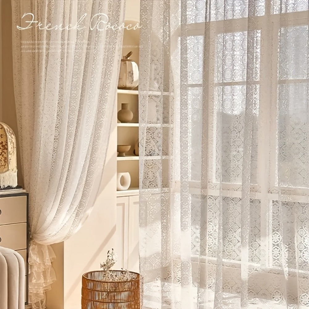 Sheer Chiffon Curtain French Retro Lace Embroidered White Voile Rod Pocket Panel | Living Room Bedroom Room Divider | Boho Cottagecore Romantic Window Drape 145x114 145x183 145x244cm