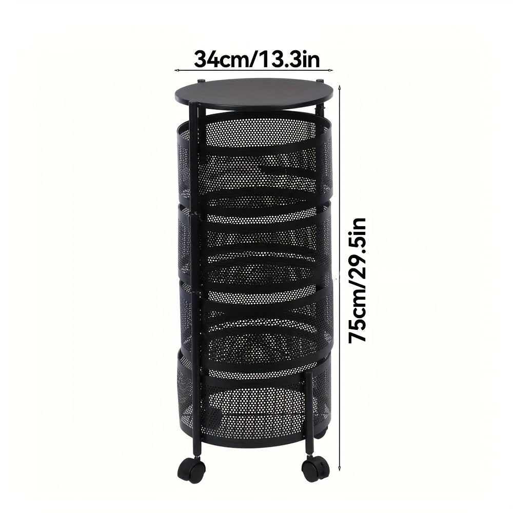 Rotating Storage Rack Multi-Tier Rolling Cart ¨C 360¡ã Swivel Round Floor Standing Organizer with 4 or 5 Layers, Vegetable Basket & File Rack for Kitchen, Bathroom, Office & Living Room (Black / White)