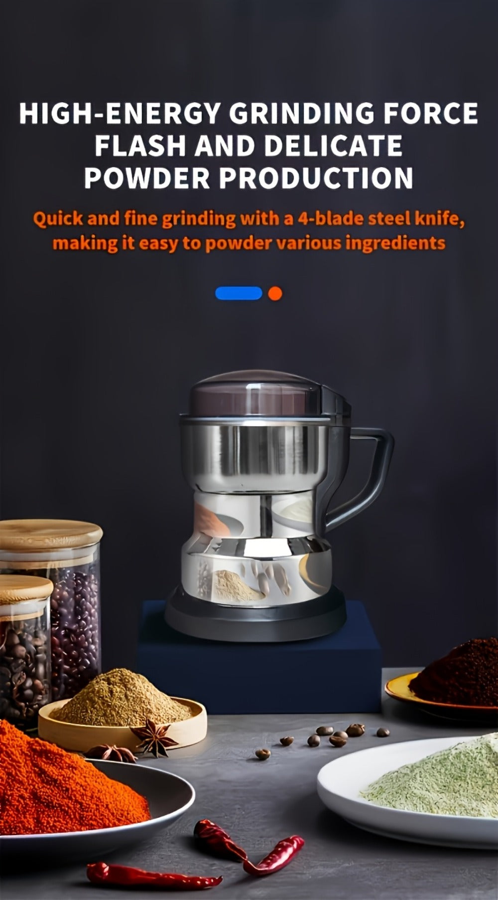 Electric Coffee Grinder 400ml 14oz 4-Blade Stainless Steel 10 Second Quick Grinding for Coffee Beans Spices Nuts Grains Dry Wet Dual Purpose Food Processor 25000 RPM