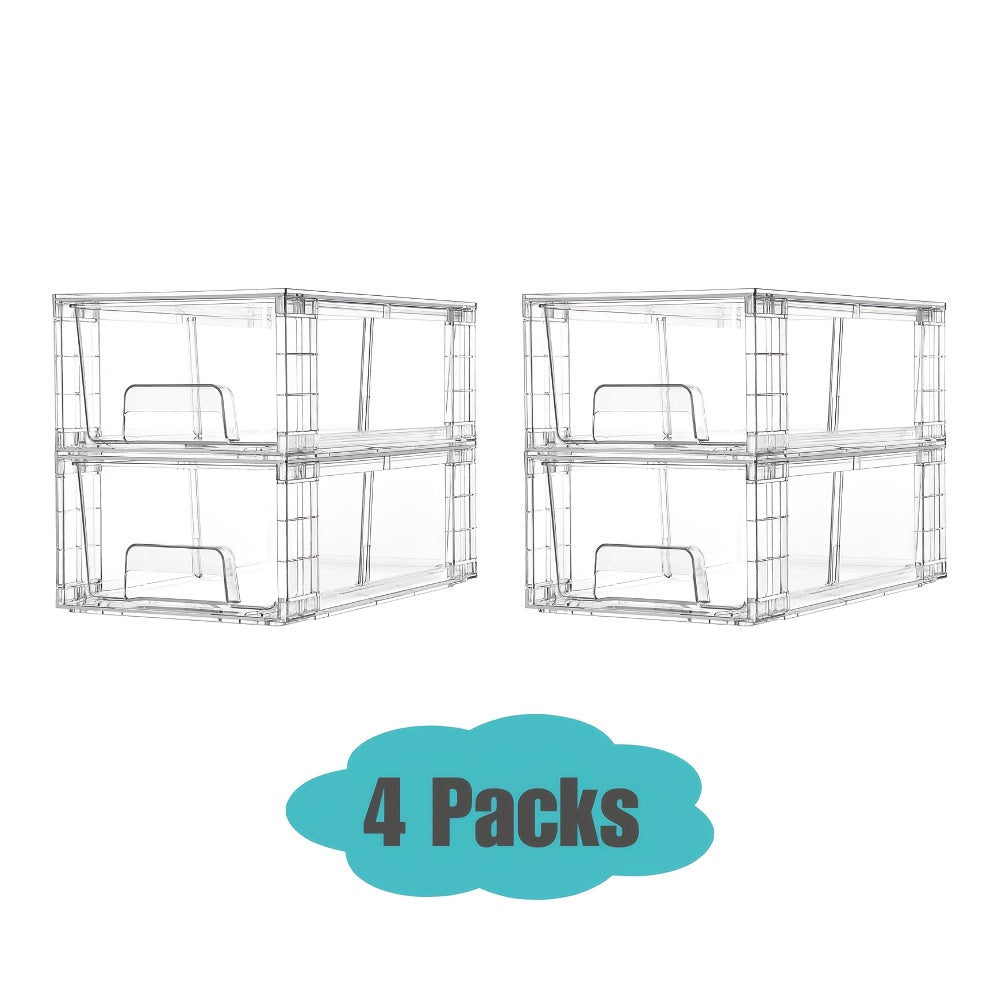 Clear Acrylic Storage Drawers with Handles - Stackable Refrigerator and Pantry Organizer Bins for Snacks Fruits and Vegetables, Food Safe Pull-Out Drawer Bins for Fridge Kitchen Cabinet Under Sink and Bathroom, Available in 4, 6, 8 or 10 Pack