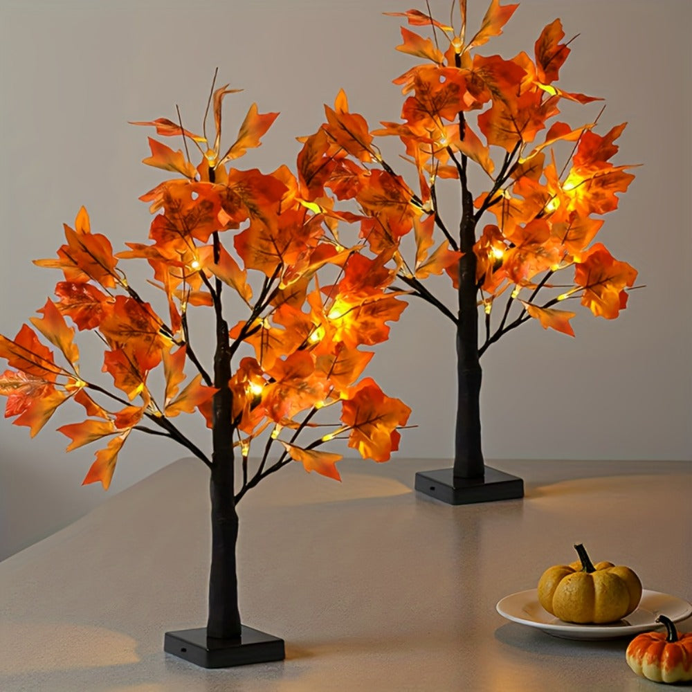 LED Maple Leaf Tree Decor Light Up Desktop Ornament 2 Pack | 24 LED Battery Powered Warm Light | Autumn Thanksgiving Table Lamp for Home Bedroom Party Wedding Holiday Gift