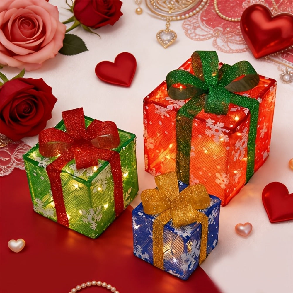 Christmas Gift Box Lamp 3pcs - Transparent Light Box with LED String Lights, Strap & Handle, Holiday Home Decoration, Birthday Party Decor, Manual Assembly