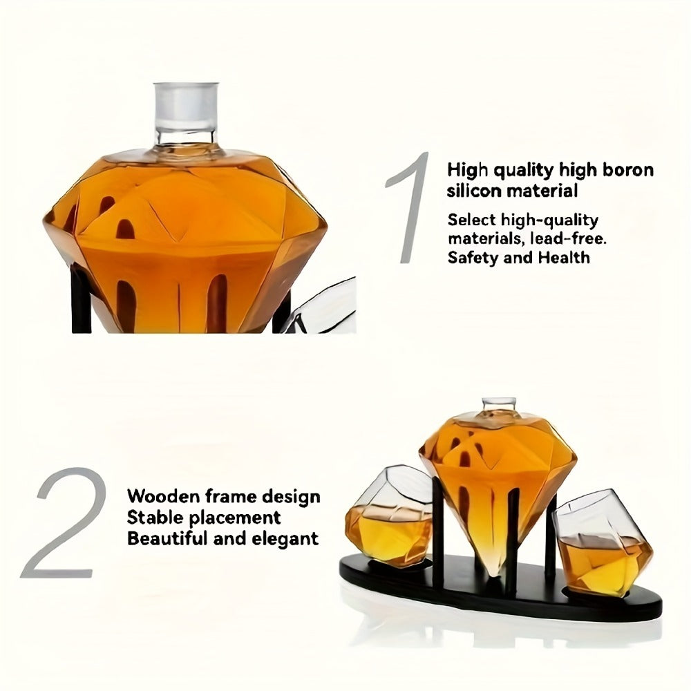 Whiskey Decanter Set with 2 Diamond Glasses & Wooden Rack | Brick Stone Design ¨C Bourbon Rum Vodka Tequila Gift Set for Men Home Bar