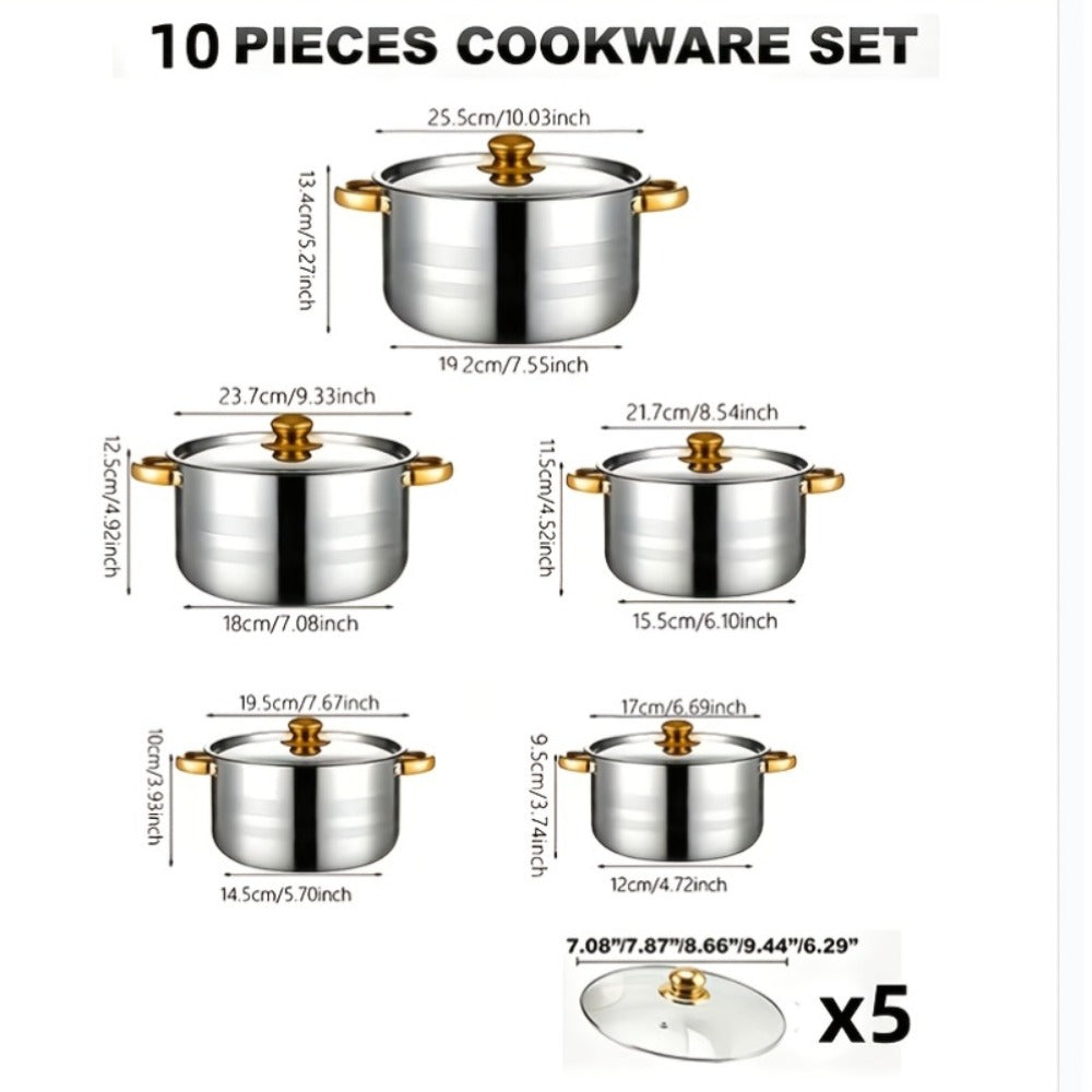 Stainless Steel Non-Stick Cookware Set 10/12pcs, 316 Grade Steel Frying Pan, Stockpot & Milk Pot with Lid, Multi-Functional Kitchen Cooking Set in Gold, Pink & Orange