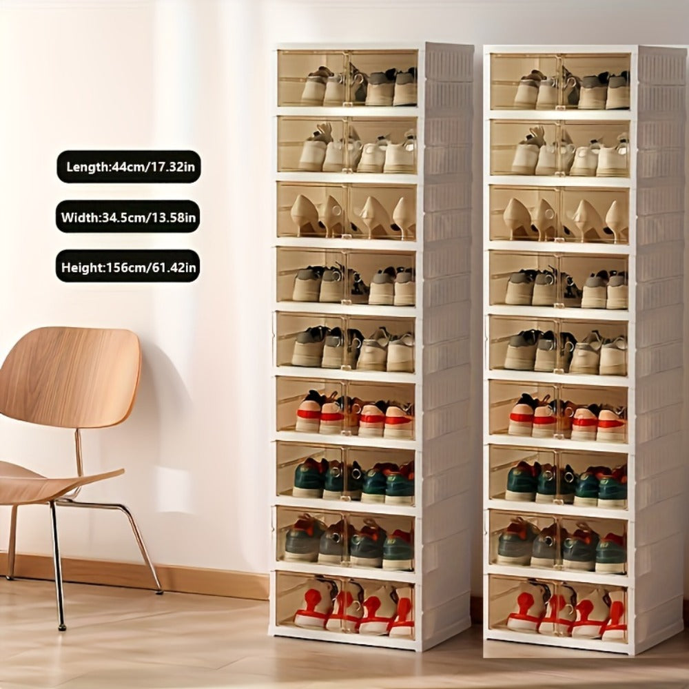 Shoe Rack Organizer 9-Tier, Collapsible Clear Plastic Foldable Stackable Shoe Cabinet with Shelves & Doors ¡ª No Assembly, Space-Saving Narrow Storage for Hallway, Apartment & Small Spaces