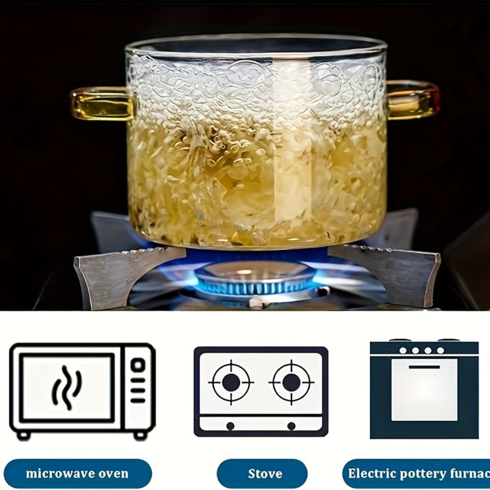 Glass Cooking Pot 54oz 1600ml Borosilicate Heat-Resistant with Lid ¨C Transparent Dumpling & Ramen Pot for Stove & Oven | Odorless Easy-Clean Soup Milk Pot with Green or Yellow Stainless Steel Handle
