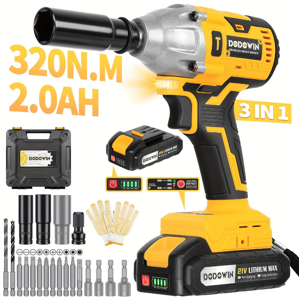 High Torque Impact Wrench Kit 320NM / 1000NM Brushless Cordless ¨C 21V with 2.0AH / 4.0AH Batteries, Quick Charger, 6 Sockets & Full Accessories, Electric Impact Gun for Car Repair, Auto Mechanic & Home Use