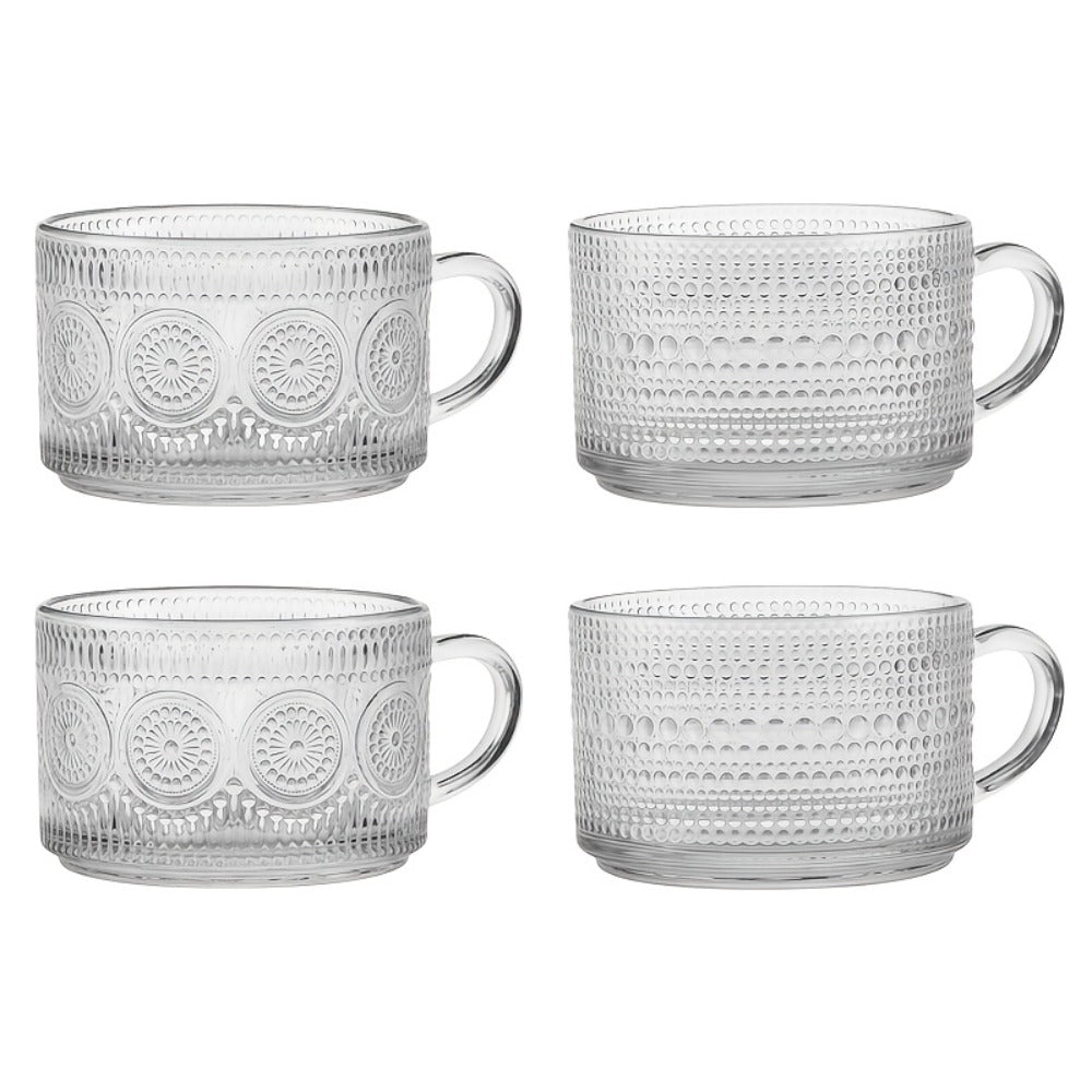 Glass Coffee Cups Set of 4 with Bamboo Lids and Spoons 450ml Vintage Embossed Iced Coffee Glasses for Cappuccino Latte Overnight Oats