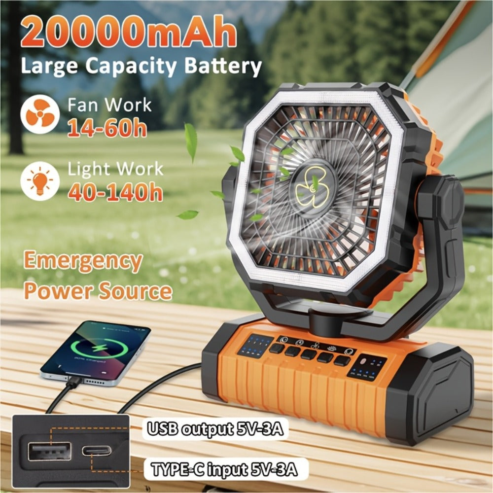 Camping Fan 20000mAh with Built-In LED Light, USB Rechargeable Portable Outdoor Fan with Sturdy Handle, Rugged Compact Design for Tent, Hiking, Fishing, Backpacking and Emergency Power Outage