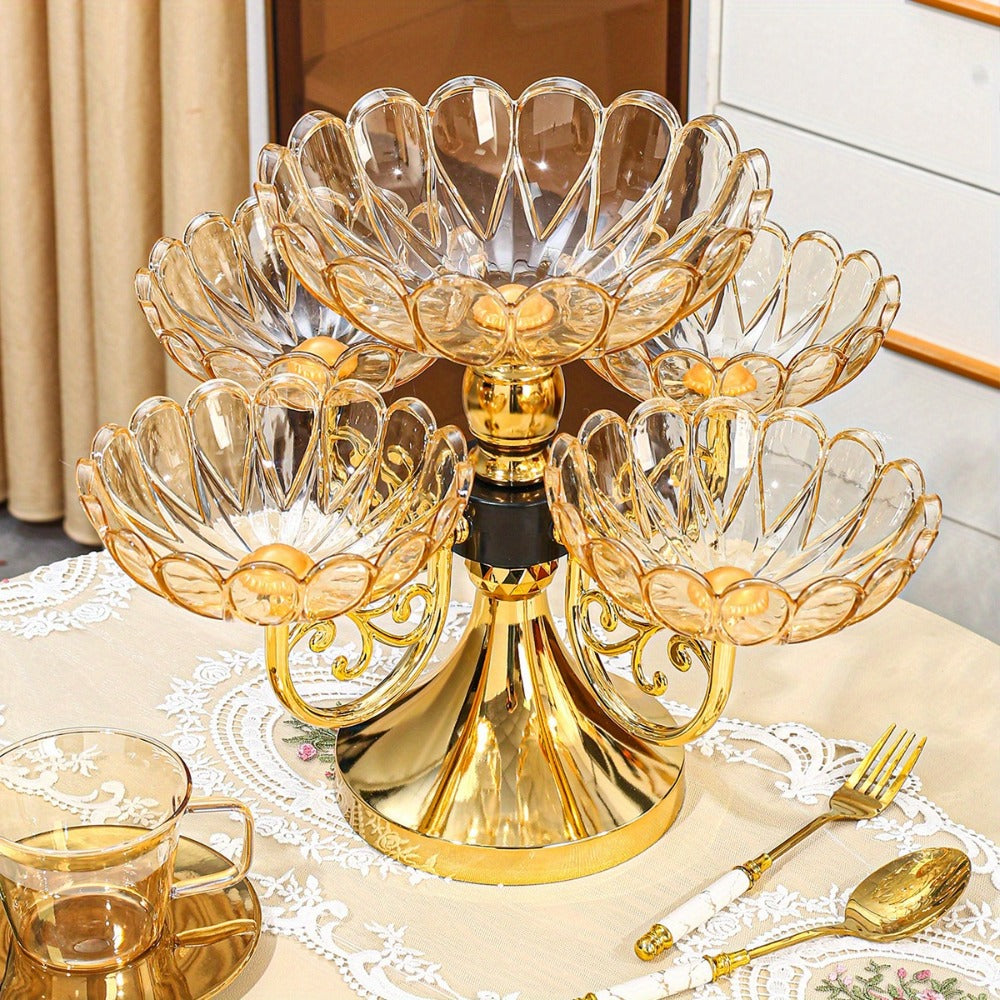 Crystal Rotating Fruit Plate Set 5-Tier ¨C Luxury Round Multi-Layer Snack Candy Dish Bowl for Living Room Coffee Table Home Decor European Style Elegant Dessert Display Centerpiece Gift