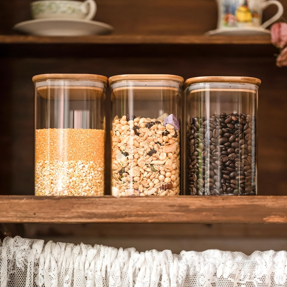Glass Food Storage Jars with Bamboo Lids 37oz 6pcs Set Airtight Square Glass Containers for Kitchen Pantry Dry Food Tea Coffee Flour Sugar Candy Spices Cookies Clear Canister Organizer