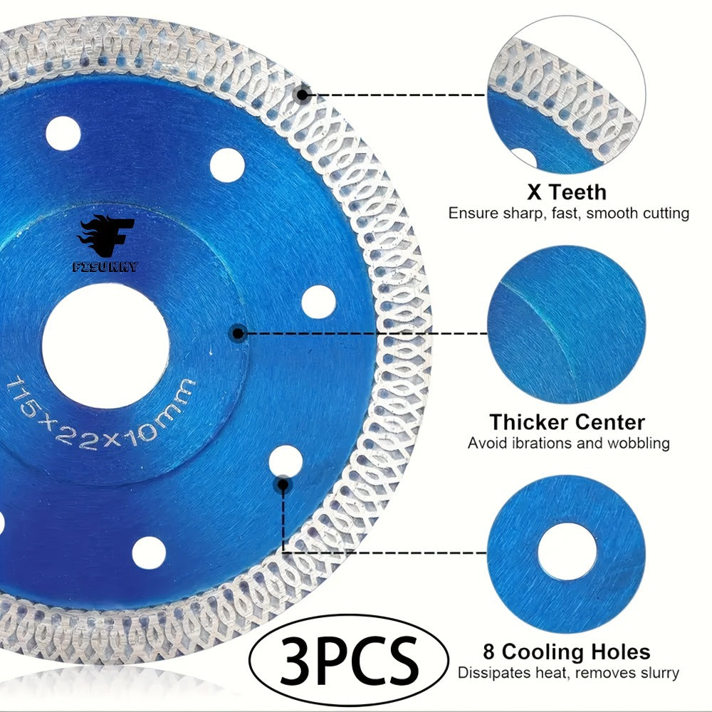 Diamond Saw Blade 4-1/2 Inch 3-Pack X-Teeth Ultra Thin Dry Wet Cut for Porcelain Ceramic Tile Brick Granite Concrete 13000 RPM 7/8 Arbor with 5/8 Adapter DIY Home Use