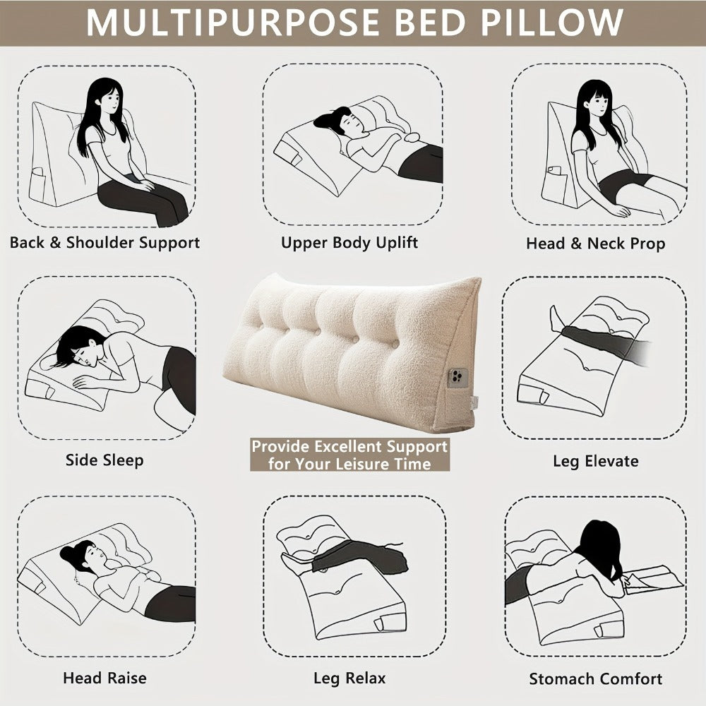 Bed Wedge Pillow Headboard Pillow with Side Pockets Removable Washable Cover Teddy Velvet Reading Pillow Twin Queen King