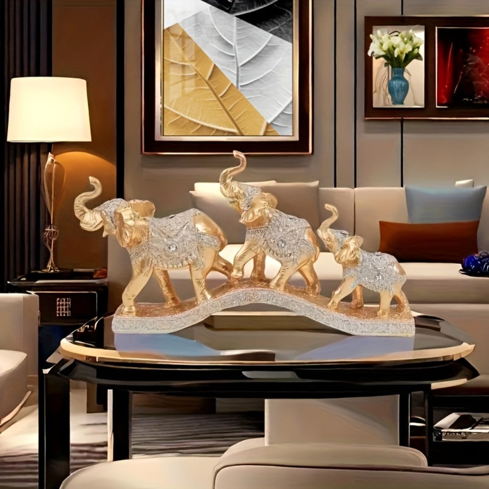 Golden Elephant Figurine Set of 3 - Lucky Elephant Statue Home Decor, Resin Elephant Family Sculpture for Living Room TV Cabinet Office Desktop, Wealth Attracting Housewarming Gift, 14 Inch