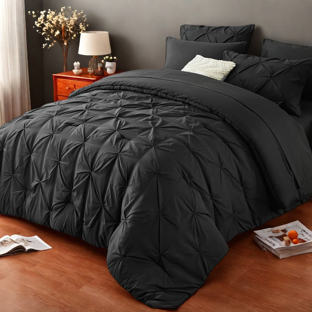 Comforter Set Luxurious Pleated 5/7pcs Bed in a Bag | Soft Plush Fiber Fill, Year-Round Warmth - Quilted Comforter, Flat & Fitted Sheet, Pillowcases & Shams, Complete Bedding Set Twin Full Queen King