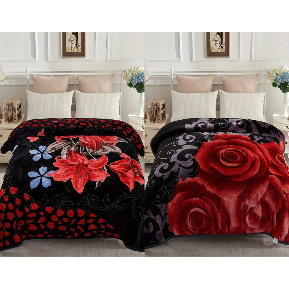 Reversible Plush Blanket 2-Ply 520GSM Milk Velvet - Soft Warm Queen King Size Blanket with Vibrant Animal & Floral Designs, All-Season Bed Couch Throw