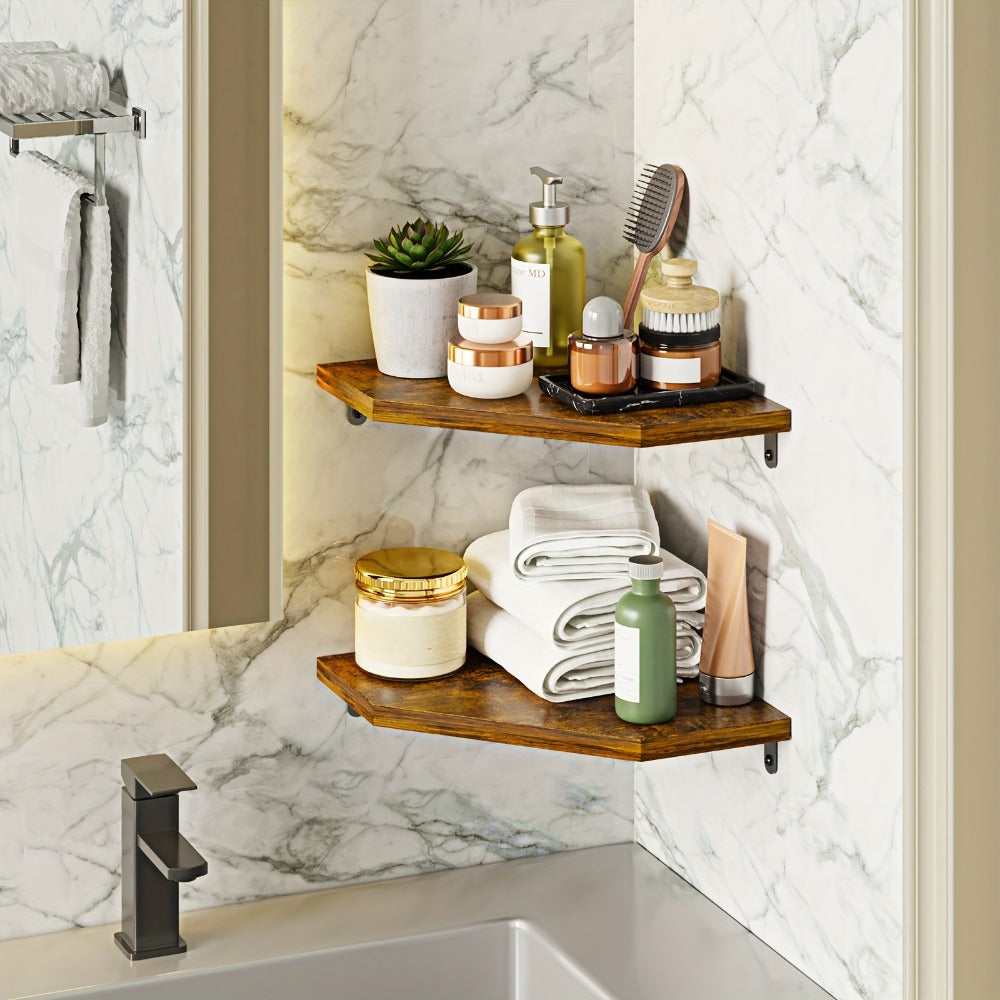 Floating Corner Wall Shelf 5-Sided Wall Mounted Storage Rack - Modern Display Unit for Bathroom, Kitchen, Bedroom & Living Room - Set of 2, 4 or 6 in Brown, Black or White
