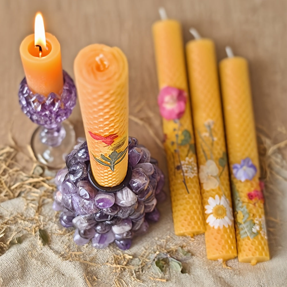 Floral Cone Candle Holders Set of 4 ¨C 10-Inch Decorative Beeswax Taper Candles for Holiday Parties, Valentine's Day & Mother's Day Gifting
