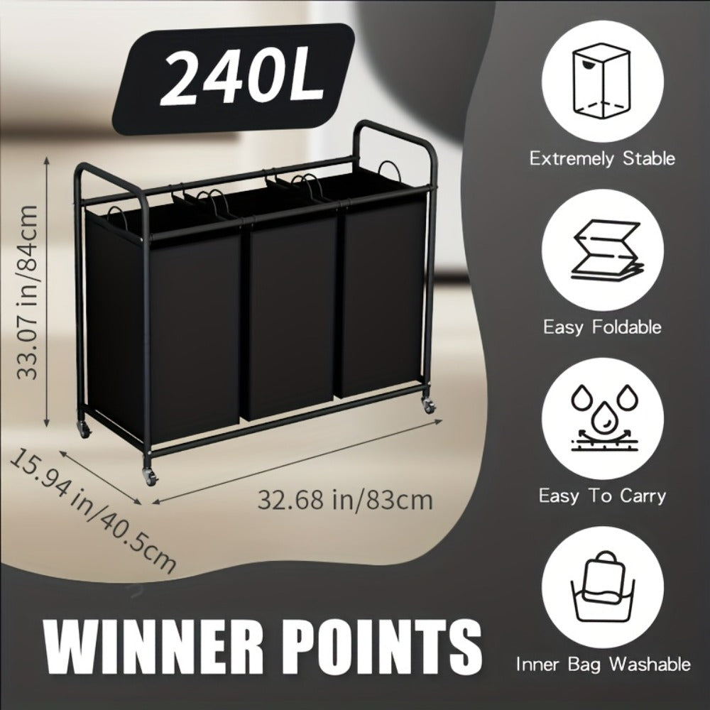 3-Bag Laundry Sorter Cart 63.4 Gallon ¨C Rolling Hamper with Lockable Wheels & Removable Bags, Heavy-Duty Fabric Laundry Basket for Bedroom & Laundry Room, Black Gray Beige Brown
