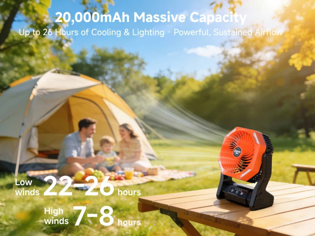 Camping Fan 20000mAh with LED Light and Brushless Motor, 4-Speed 180¡ã Oscillating Portable Outdoor Fan, 22-26H Long Runtime Anti-Slip Base, 3-in-1 Table Fan for Camping, Hiking, Picnic and Emergency