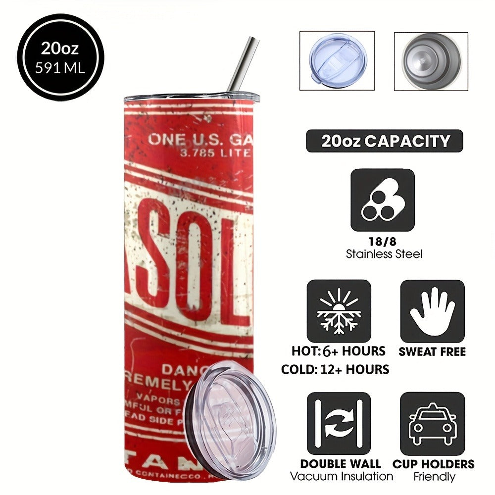 Insulated Tumbler Vintage Gasoline Can Design 20oz - Stainless Steel Travel Mug with Lid & Straw, Double Wall Coffee Cup for Hot Cold Drinks, Camping Drinkware, Unique Gift